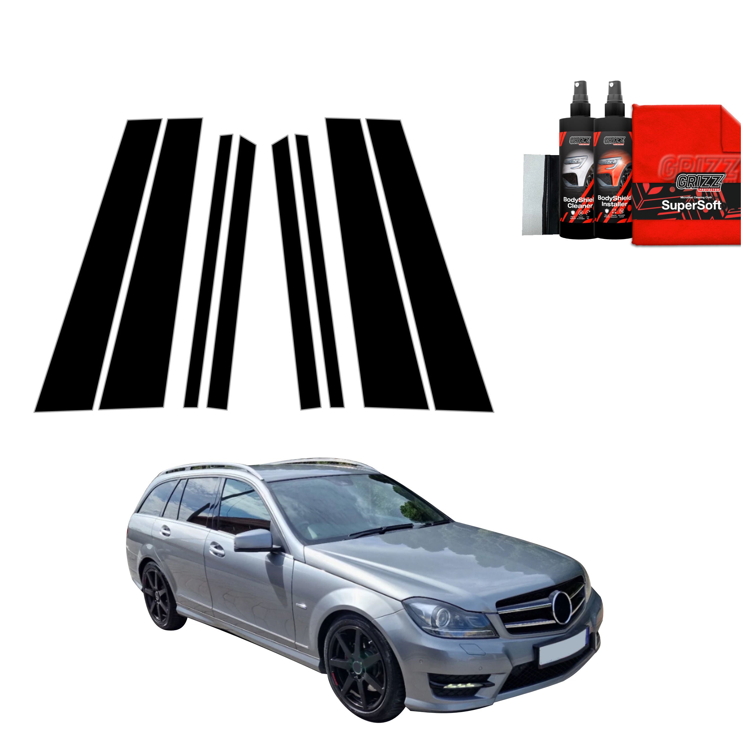 8in1 Schwarze Grizz Protector schutzfolie für B-C-Säule - Mercedes Benz C Klasse S204 Kombi Facelifting (2011-2014)