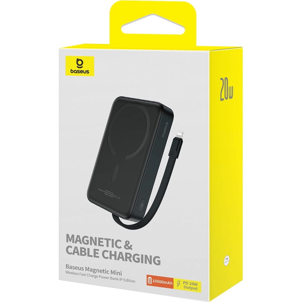 Baseus Magnetic Mini Induktive Qi-Powerbank mit integriertem Lightning-Kabel, für MagSafe, USB-C, 10 000 mAh 20W + Kabel, Schwarz