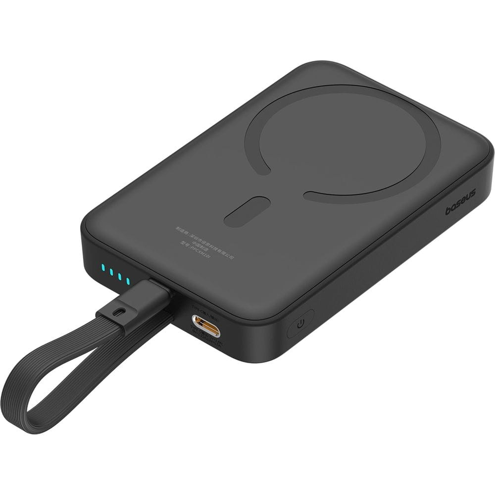 Baseus Magnetic Mini Induktive Qi-Powerbank mit integriertem Lightning-Kabel, für MagSafe, USB-C, 10 000 mAh 20W + Kabel, Schwarz