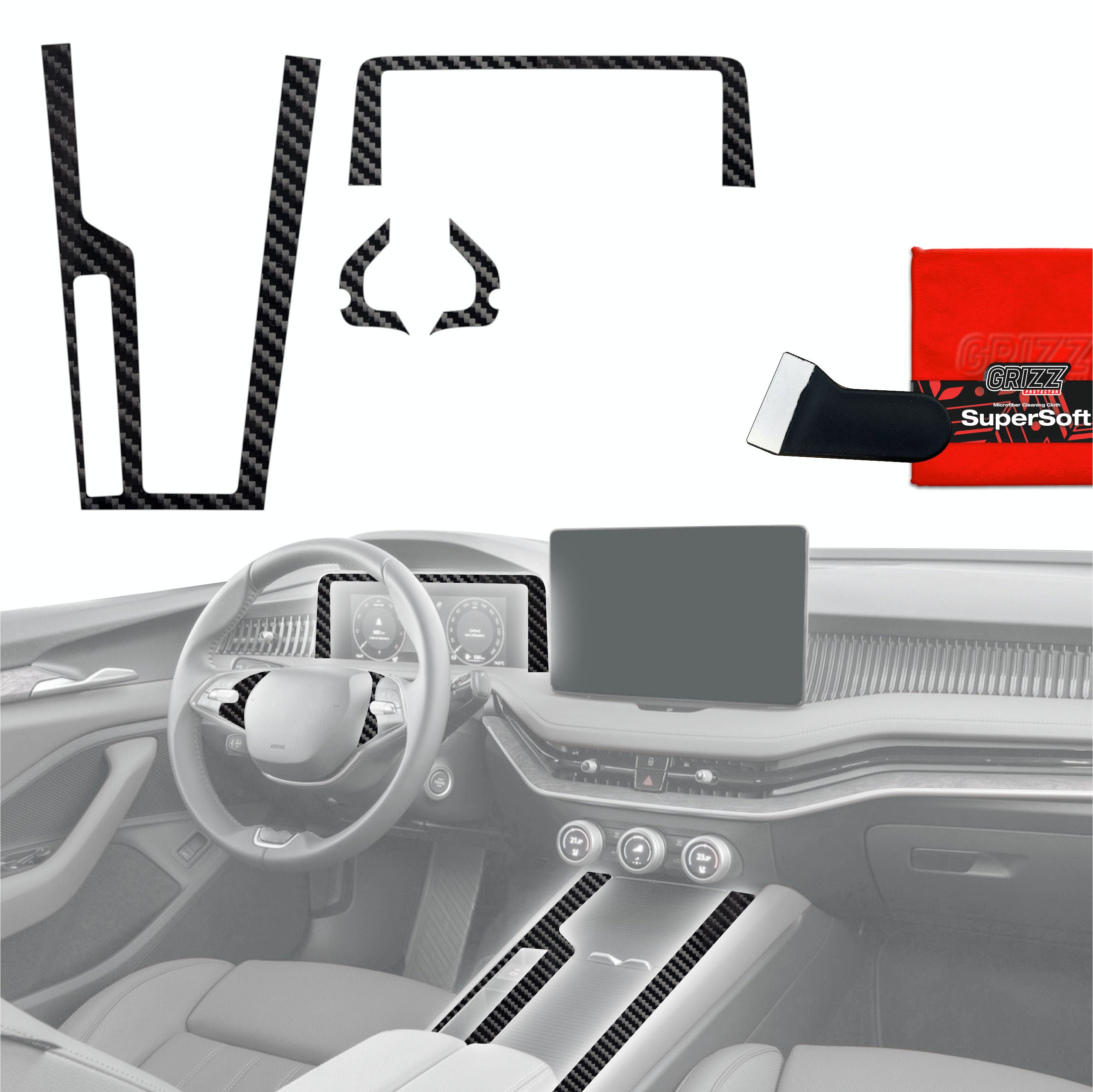 4in1 Schutzfolien Grizz Protector für Mittelkonsole & Armaturenbrett - Skoda Superb 4 (2024-2026) Carbon Optik Glanz