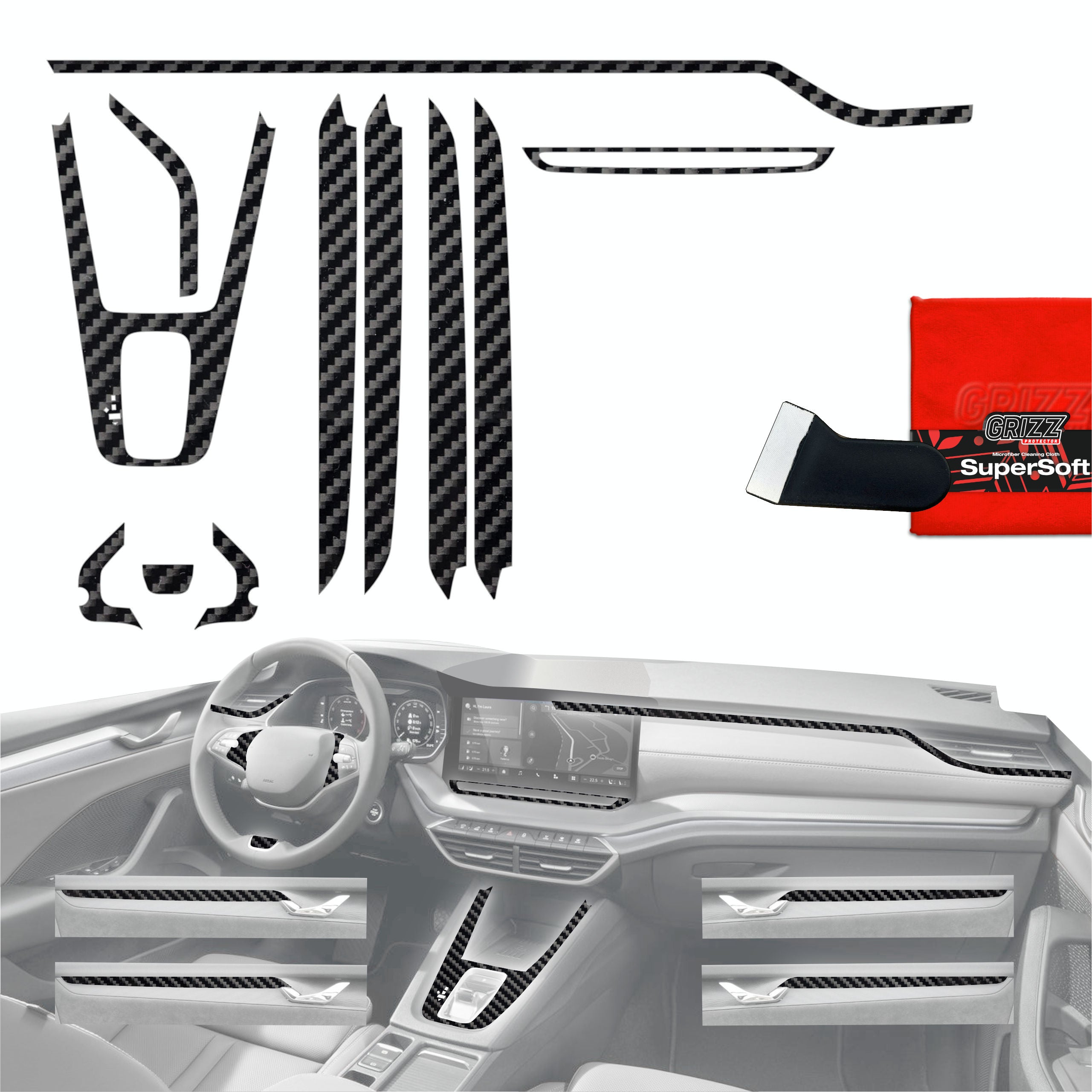 11in1 Schutzfolien Grizz Protector für Mittelkonsole & Armaturenbrett - Skoda Octavia 4 13" Facelift (2024-2026) Carbon Optik Glanz