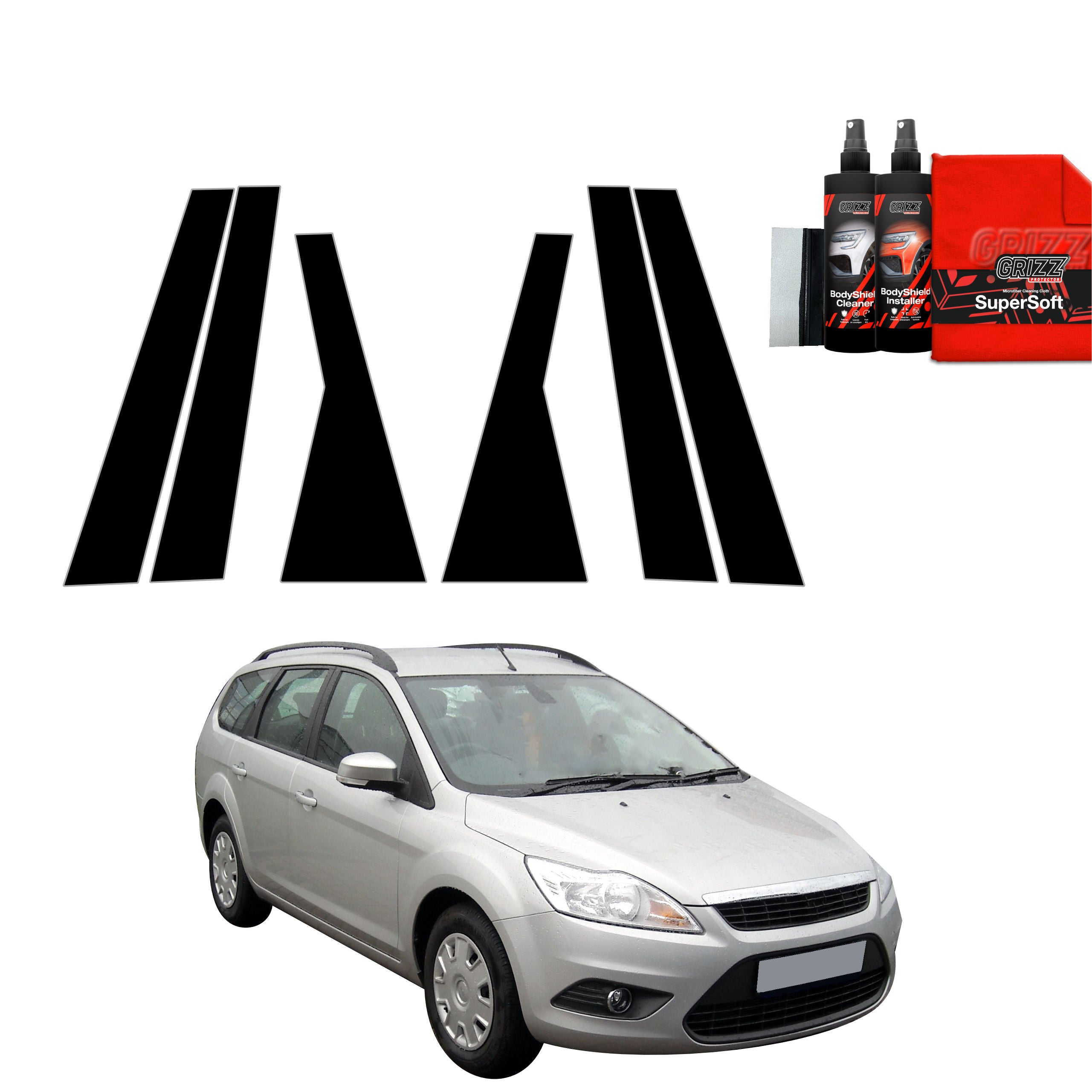 6in1 Schwarze Grizz Protector schutzfolie für B-C-Säule - Ford Focus Mk2 Kombi Facelifting (2007-2011)