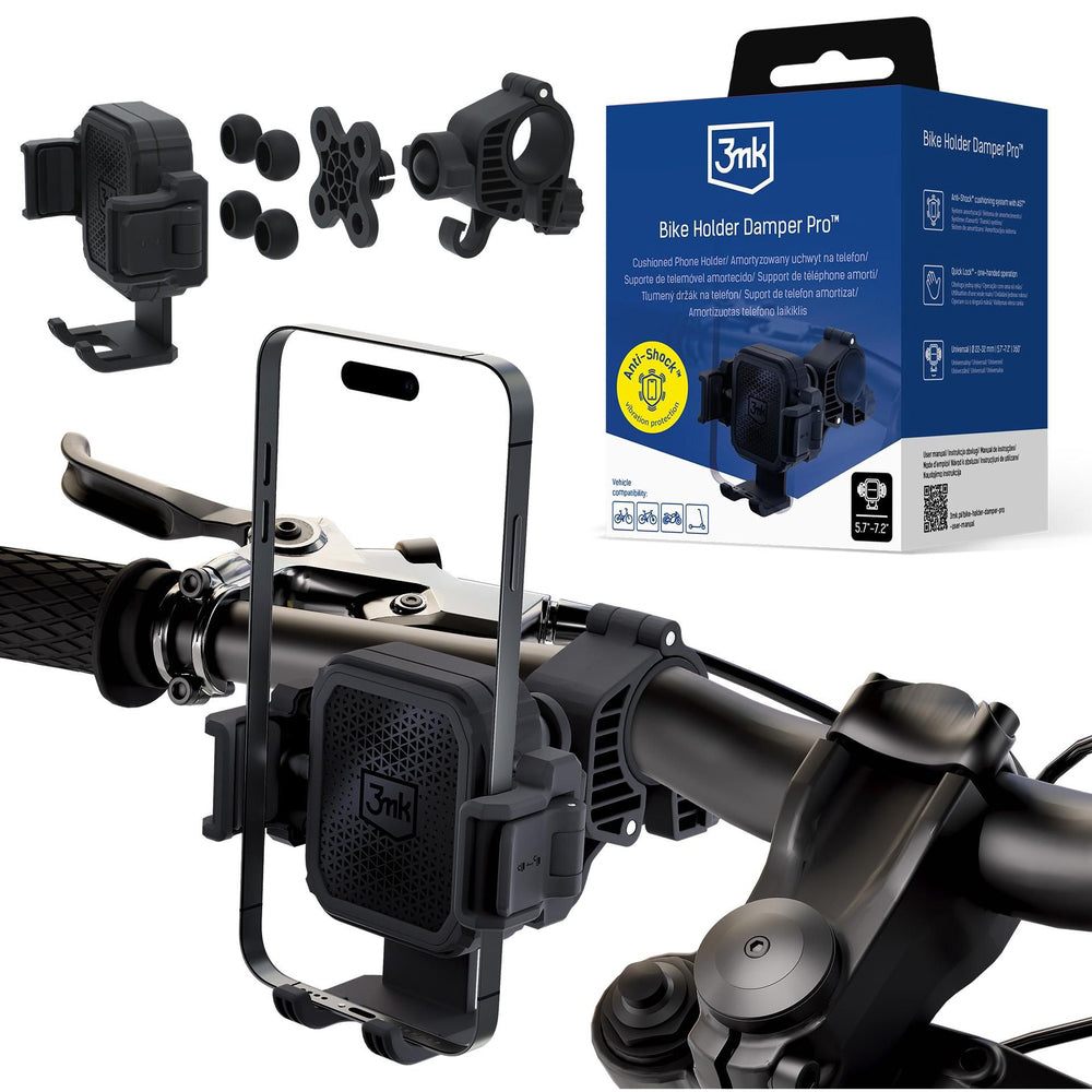 3mk Holder Damper Pro Fahrradhalterung für Smartphones von 5,7„ bis 7,2“ / für Lenker mit einem Durchmesser von 20–32 mm, Schwarz