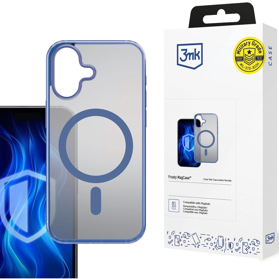 Handyhülle für iPhone 16, 3mk Frosty MagCase, Transluzent mit Blau