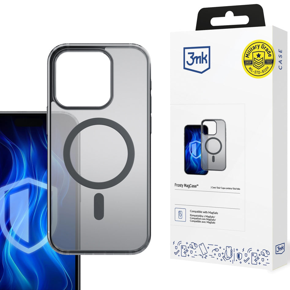Handyhülle für iPhone 16 Pro Max, 3mk Frosty MagCase, Transluzent mit Schwarz