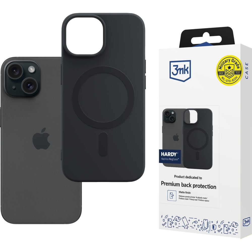 Handyhülle für iPhone 15, 3mk Hardy Haptica MagCase mit MagSafe, Schwarz
