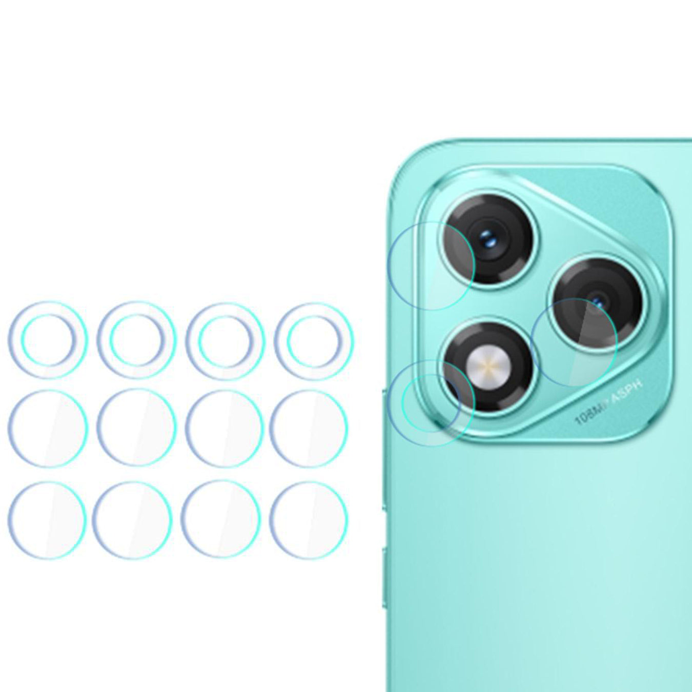 Honor 400 Lite phone with 3mk lens protection set, shown with circles indicating camera lens coverage, highlighting durability and design.