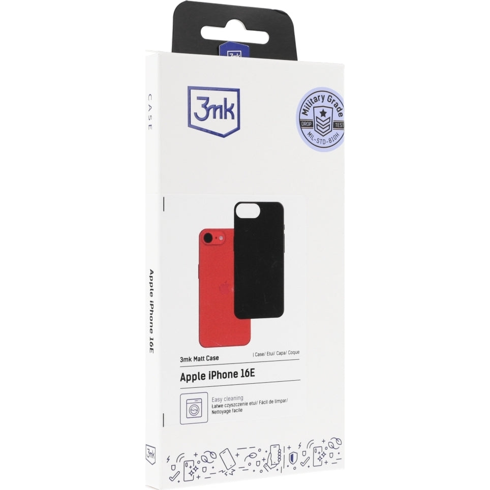 Verpackung der 3mk Matt Case Handyhülle in mattem Schwarz für Apple iPhone SE 2025, mit Military Grade Zertifizierung.