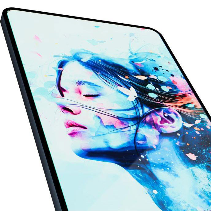 Digital artwork on tablet screen featuring a woman's face with abstract colorful design, highlighting vivid art capabilities.