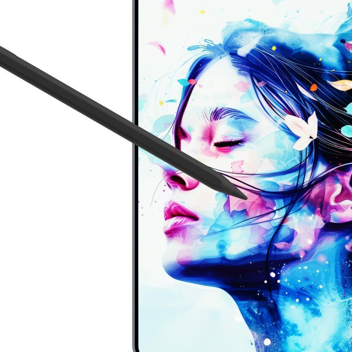 Digital pen drawing vibrant colorful artwork on a tablet screen.