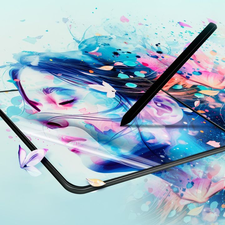 Abstract art on tablet screen showcasing vibrant colors and a stylus pen, highlighting digital creativity and design.