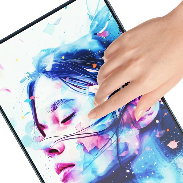 Hand touching screen with 3mk Paper Feeling film on Galaxy Tab A9 Plus, vibrant digital art displayed, emphasizing precise touch sensitivity.