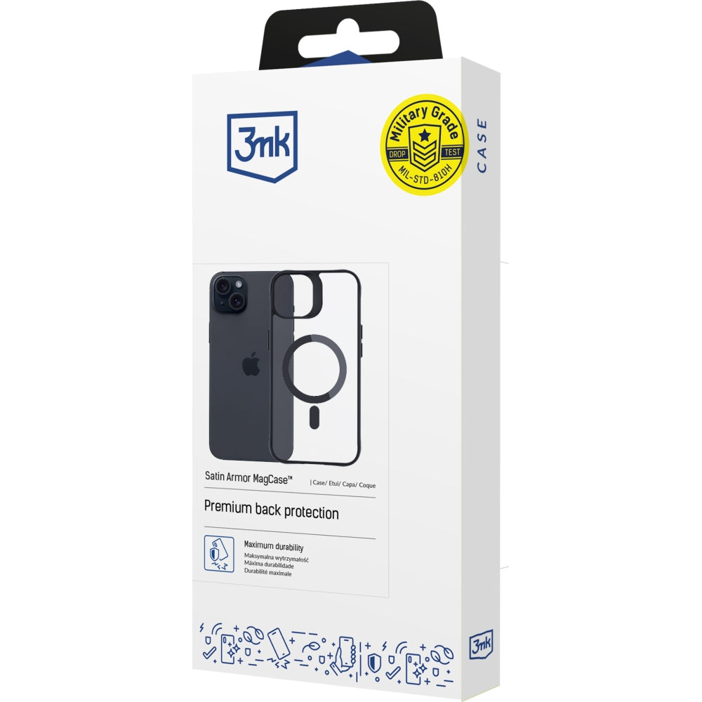 Handyhülle 3mk Satin Armor Case+ MagSafe für Apple iPhone 15, Schwarz