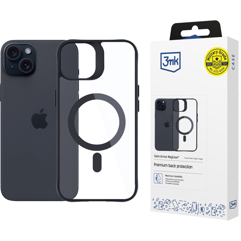 Handyhülle 3mk Satin Armor Case+ MagSafe für Apple iPhone 15, Schwarz