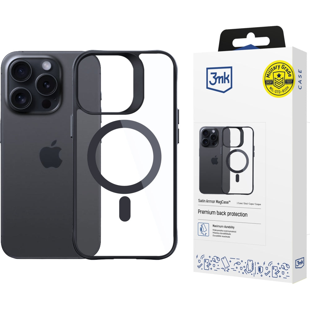 Handyhülle 3mk Satin Armor Case+ MagSafe für Apple iPhone 15 Pro, Schwarz