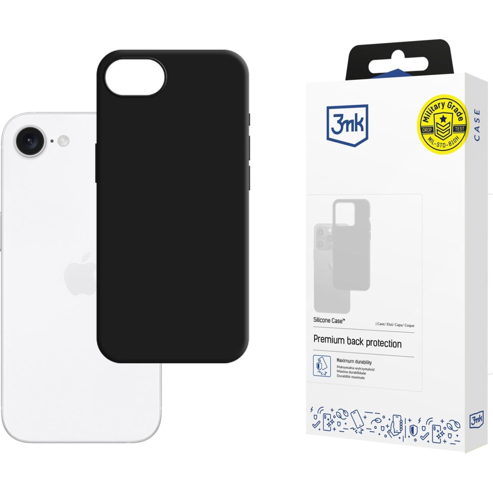 3mk Handyhülle für Apple iPhone SE 2025, schwarzes Silikon, mit Verpackung.