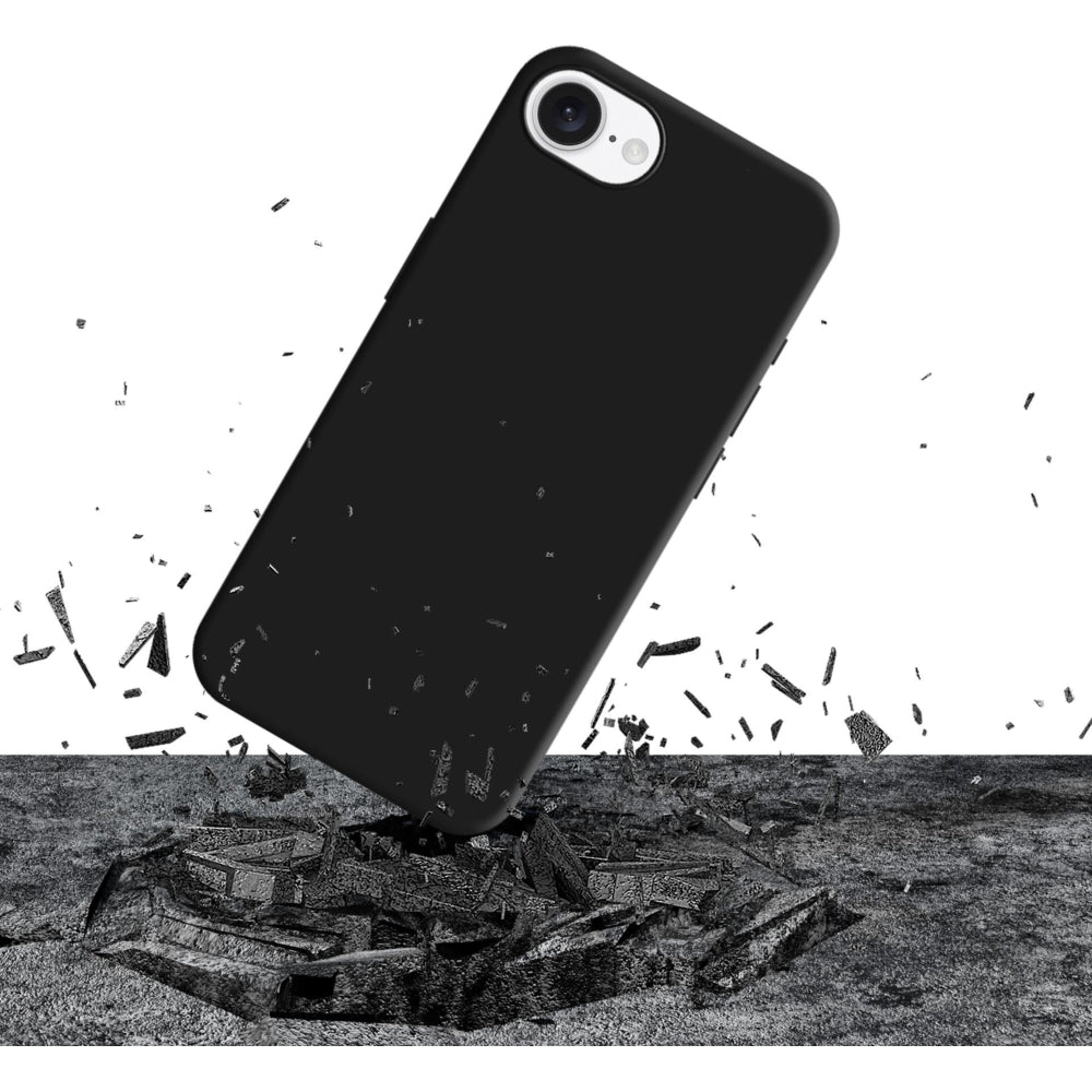 Handyhülle Schwarz 3mk Silicone Case für Apple iPhone SE 2025 auf Beton zerbrochene Oberfläche liegend.