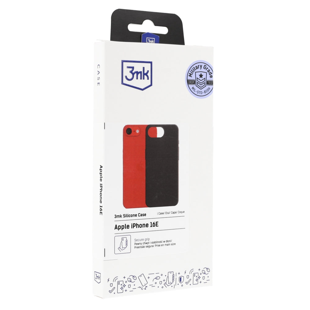 Verpackung der schwarzen 3mk Silicone Case Handyhülle für Apple iPhone SE 2025, minimalistisches Design und optimaler Schutz