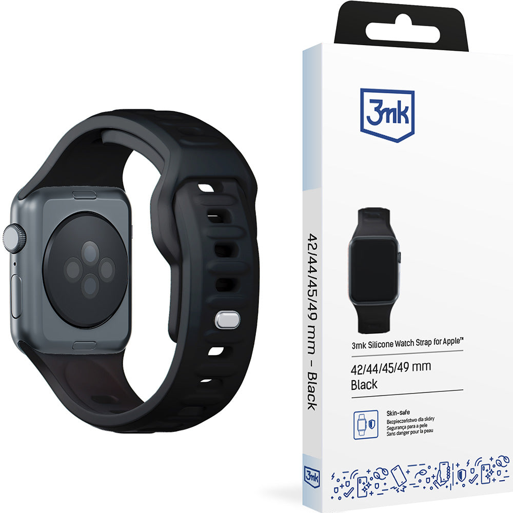 Armband für Apple Watch 49/46/45/44 mm, 3mk Silicone Watch Strap, Schwarz