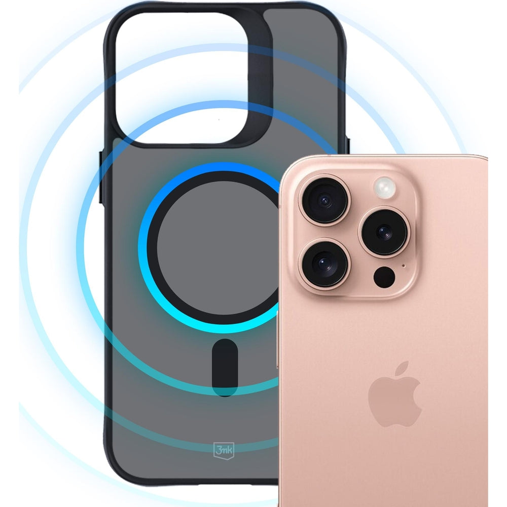 Handyhülle für iPhone 16 Pro, 3mk Smoke MagCase, Durchscheinend mit schwarzen Rahmen