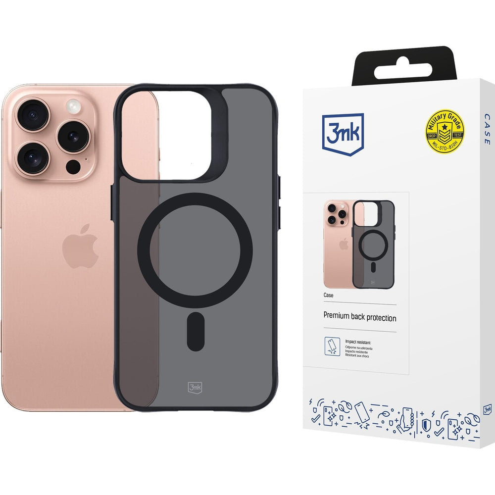 Handyhülle für iPhone 16 Pro, 3mk Smoke MagCase, Durchscheinend mit schwarzen Rahmen