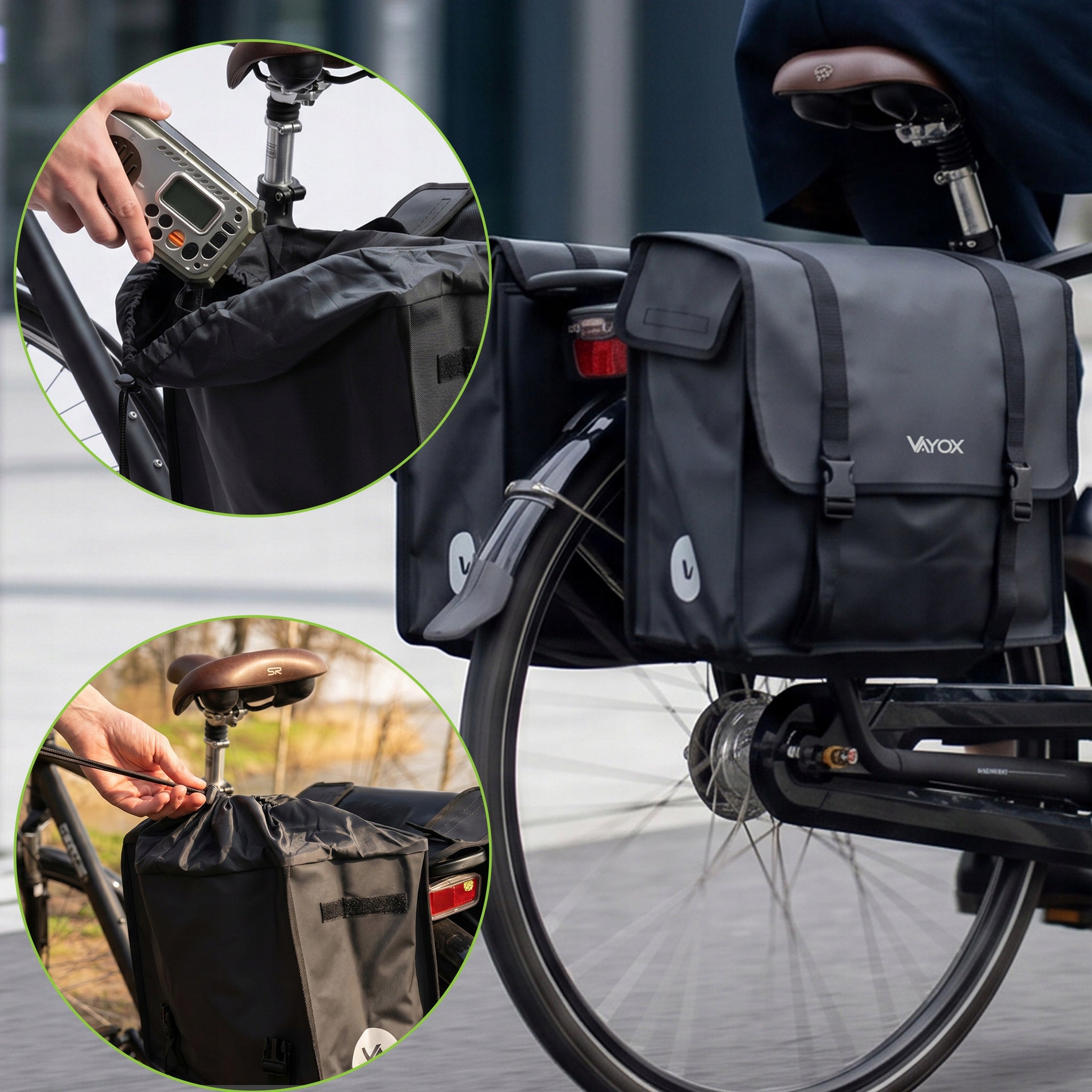 Fahrradtasche für den Gepäckträger, doppelt mit Griff, Vayox VA0446 40L, Schwarz