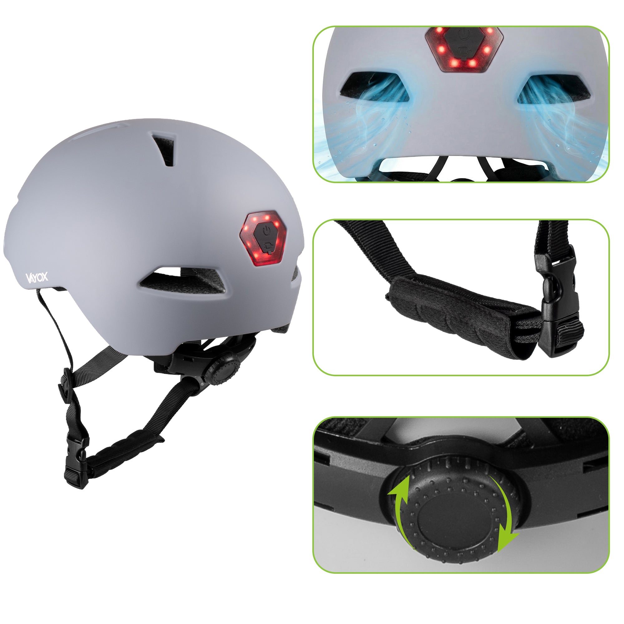 Fahrradhelm mit LED-Licht, Vayox Street VA0423GREM 55-58 cm, Grau