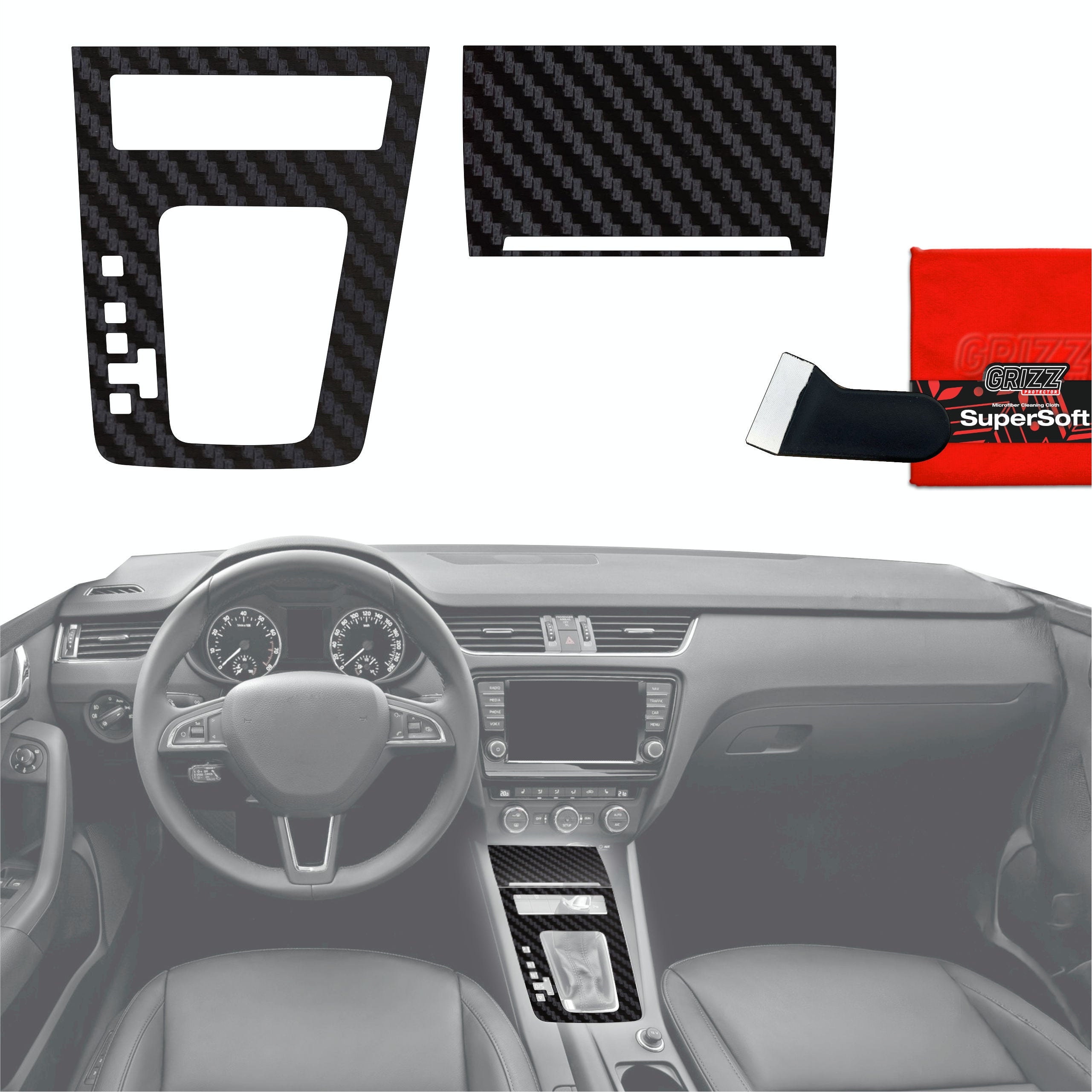 2in1 Schutzfolien Grizz Protector für Mittelkonsole - Skoda Octavia 3 DSG (2017-2020) Carbon Optik Matt Antifingerprint