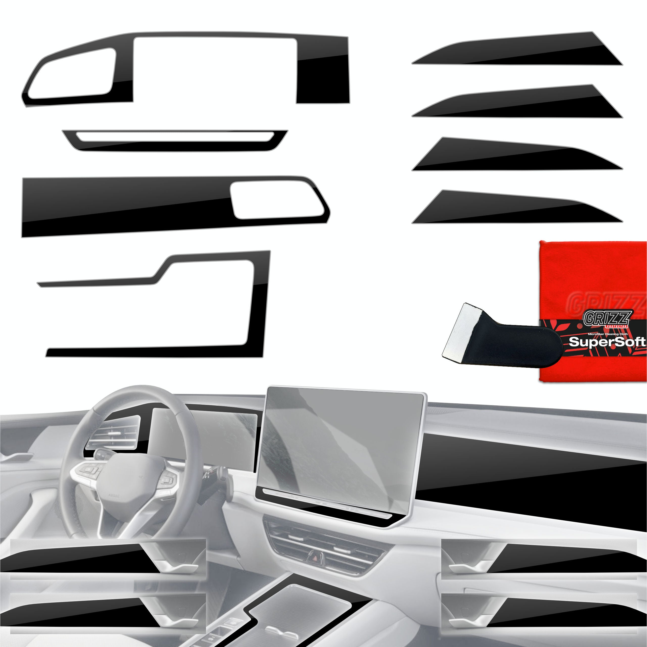 8in1 Schutzfolien Grizz Protector für Mittelkonsole & Armaturenbrett - Volkswagen Passat B9 15" (2024-2026) Schwarz Glanz