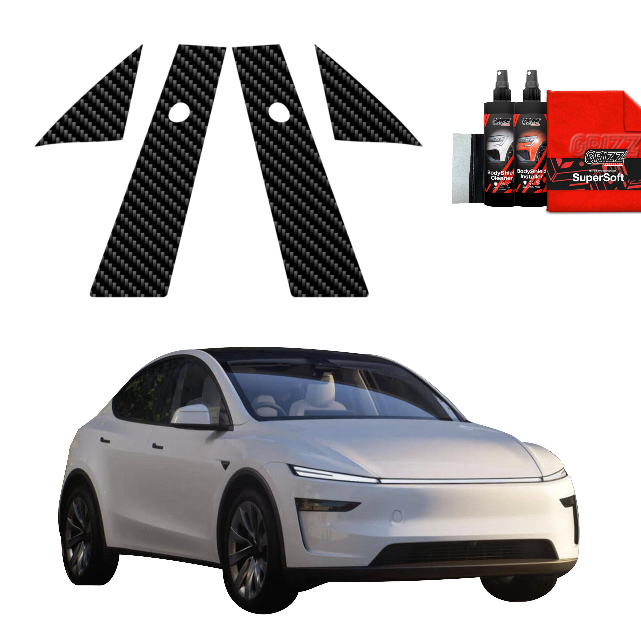 4in1 Kohlenstoff Schutzfolie Grizz Protector für A-B-Säule - Tesla Model Y Juniper (2024-2025)