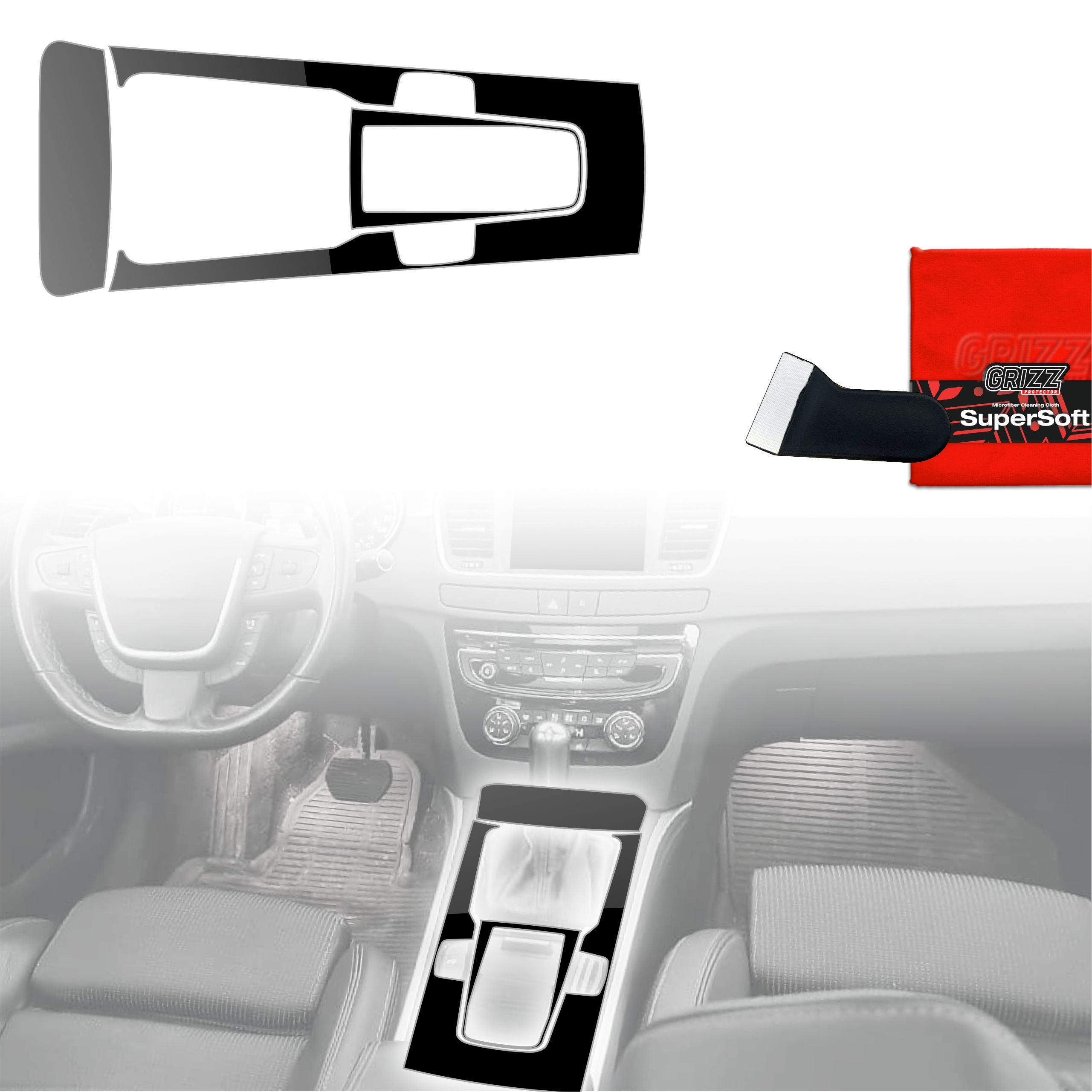 3in1 Schutzfolien Grizz Protector für Mittelkonsole - Peugeot 508 Manual (2010-2018) Schwarz Glanz