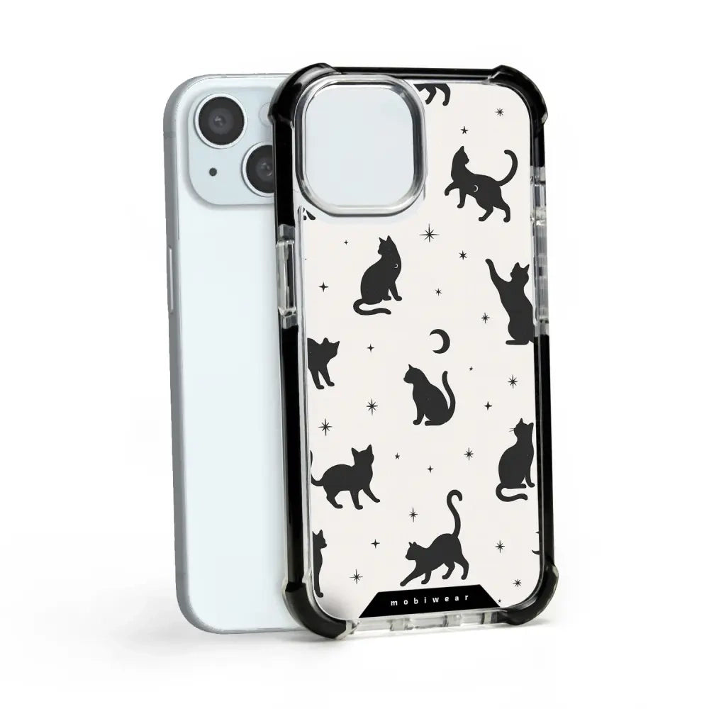 Handyhülle für iPhone 15 mit MagSafe, Mobiwear Elite Bumper, Katzen-Nacht