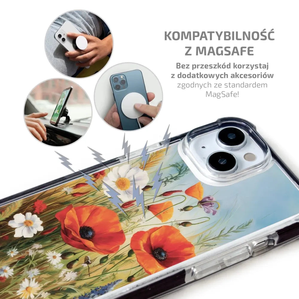 Handyhülle für iPhone 17e mit MagSafe, Mobiwear Elite Bumper, Wiesenblumen