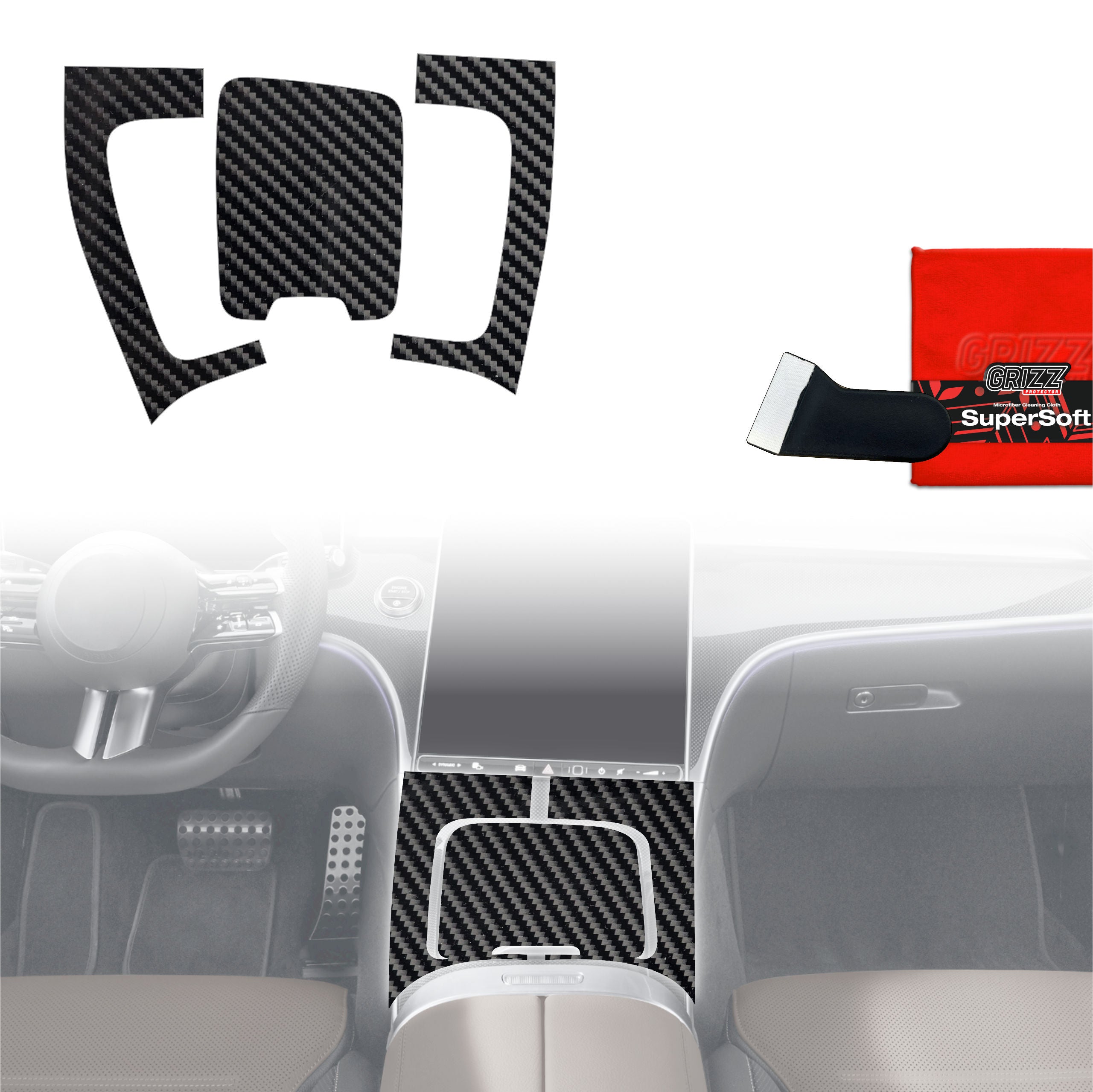 3in1 Schutzfolien Grizz Protector für Mittelkonsole - Mercedes C Klasse W206 (2021-2026) Carbon Optik Glanz