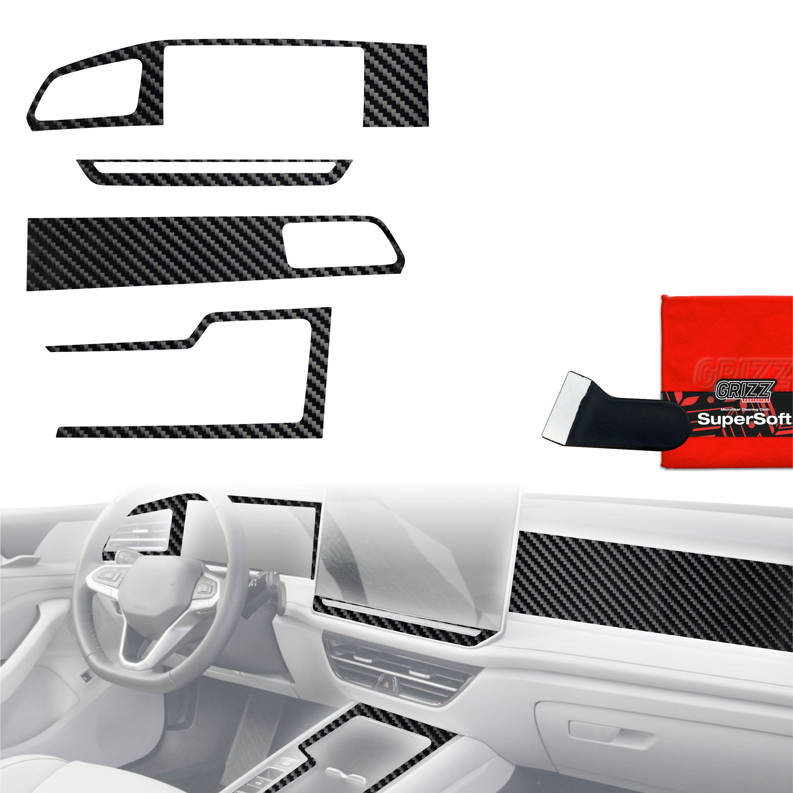 4in1 Schutzfolien Grizz Protector für Mittelkonsole & Armaturenbrett - Volkswagen Passat B9 12,9" (2024-2026) Carbon Optik Glanz