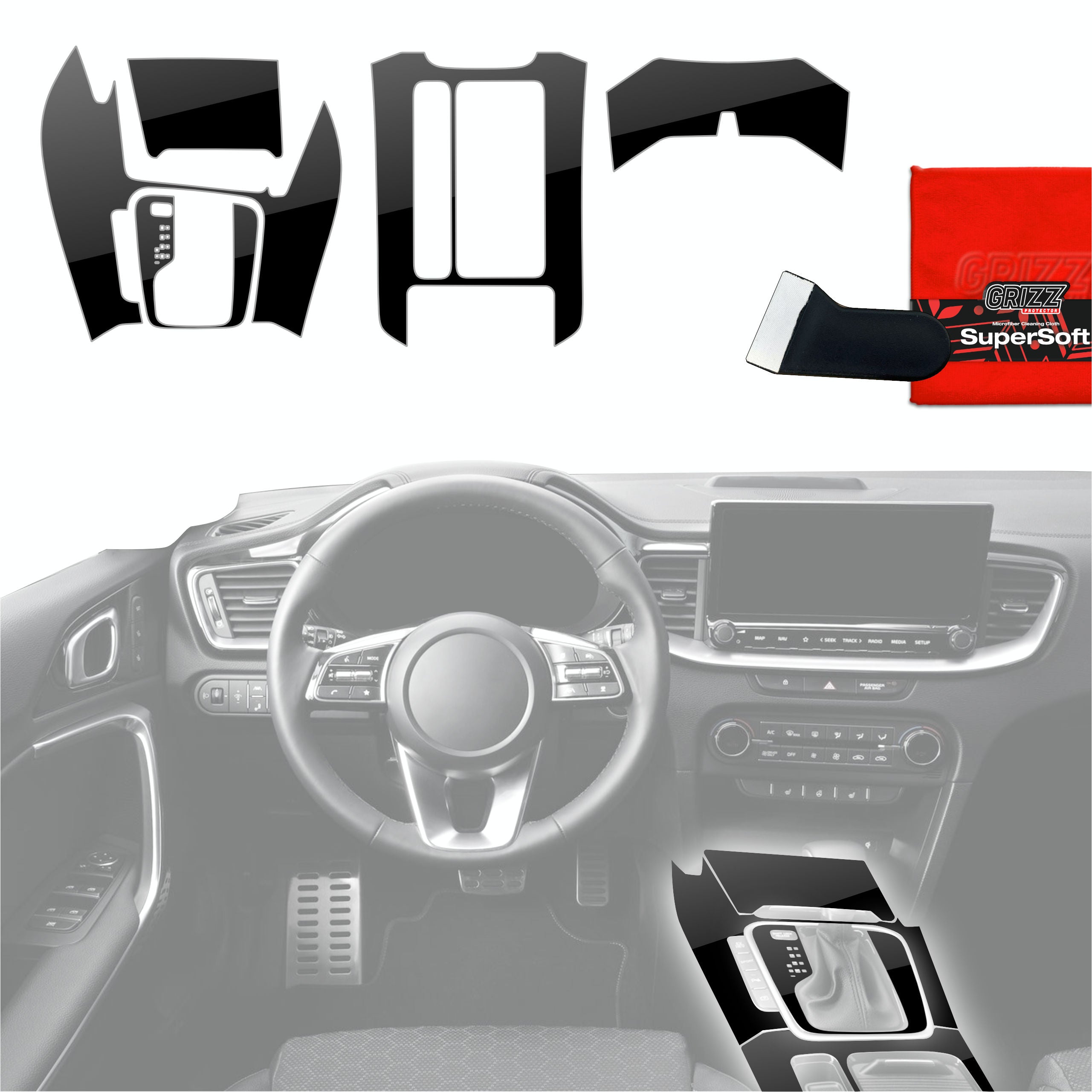5in1 Schutzfolien Grizz Protector für Mittelkonsole - Kia Ceed (2018-2025) Schwarz Glanz