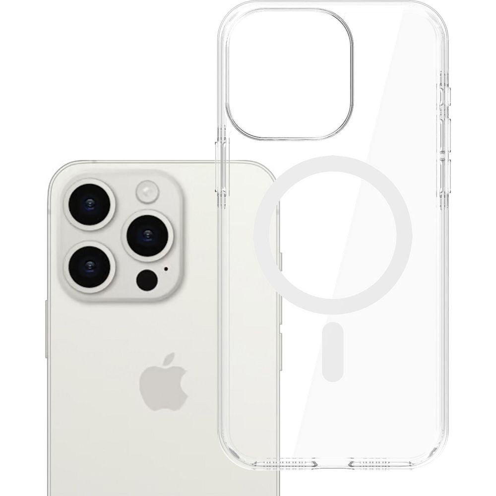 Handyhülle für iPhone 15 Pro Max, 3mk EverClear MagCase mit MagSafe, Transparent mit weißem Magneten