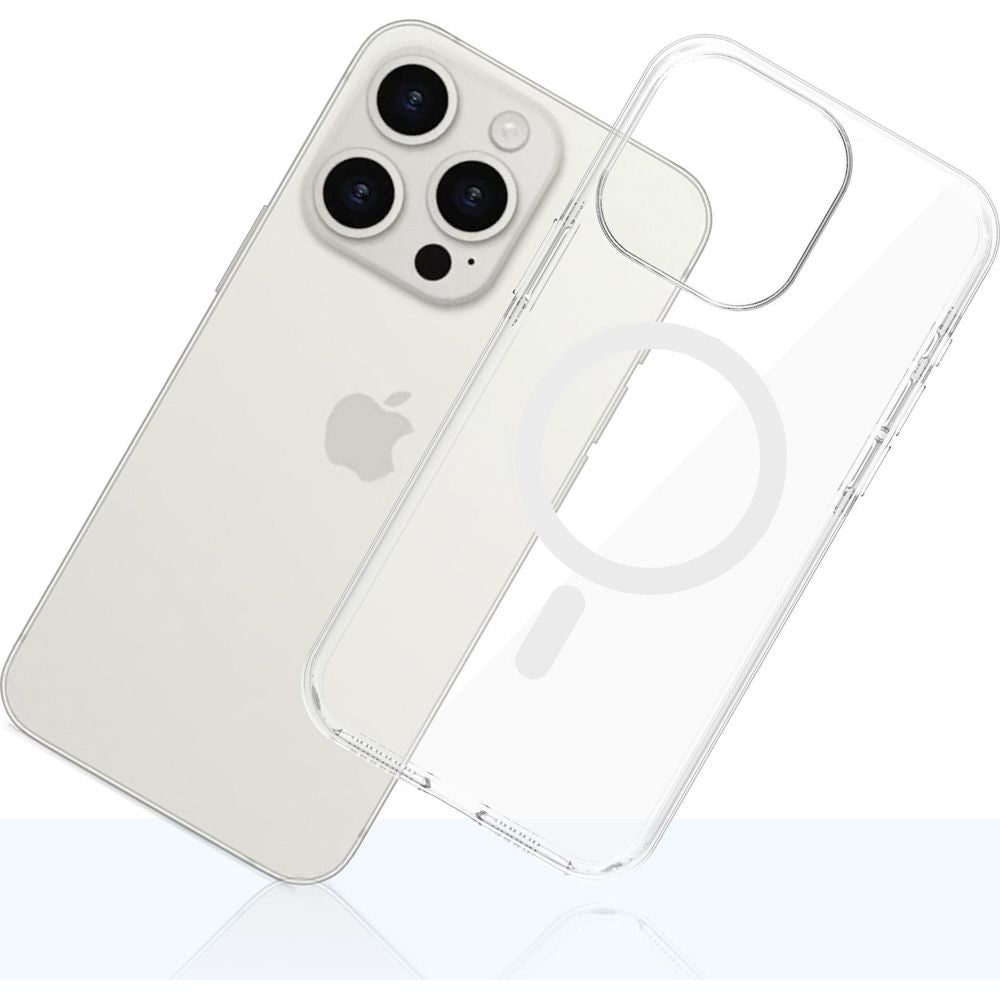 Handyhülle für iPhone 15 Pro Max, 3mk EverClear MagCase mit MagSafe, Transparent mit weißem Magneten