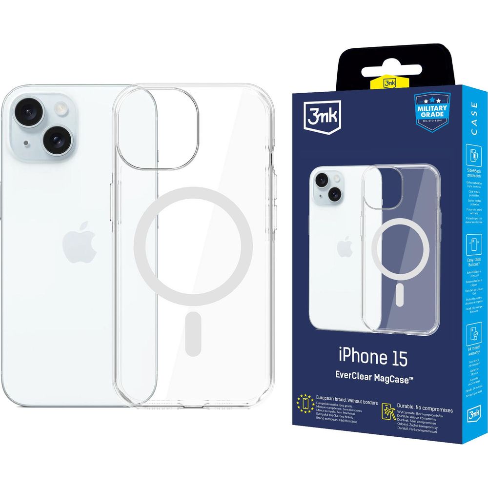Handyhülle für iPhone 15, 3mk EverClear MagCase mit MagSafe, Transparent mit weißem Magneten