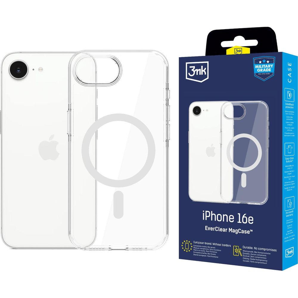 Handyhülle für iPhone 16e, 3mk EverClear MagCase mit MagSafe, Transparent mit weißem Magneten