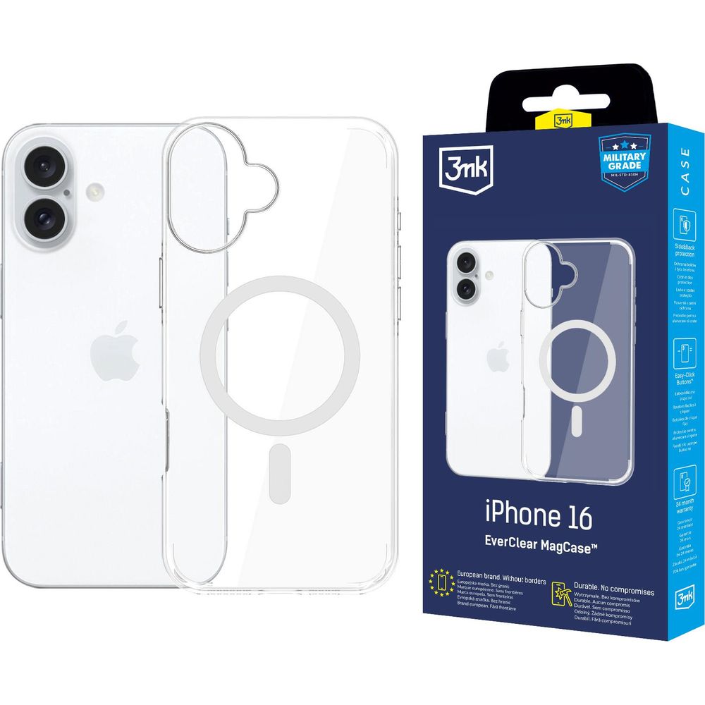 Handyhülle für iPhone 16, 3mk EverClear MagCase mit MagSafe, Transparent mit weißem Magneten