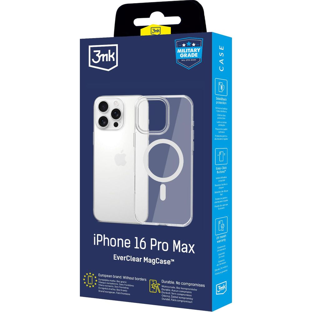 Handyhülle für iPhone 16 Pro Max, 3mk EverClear MagCase mit MagSafe, Transparent mit weißem Magneten