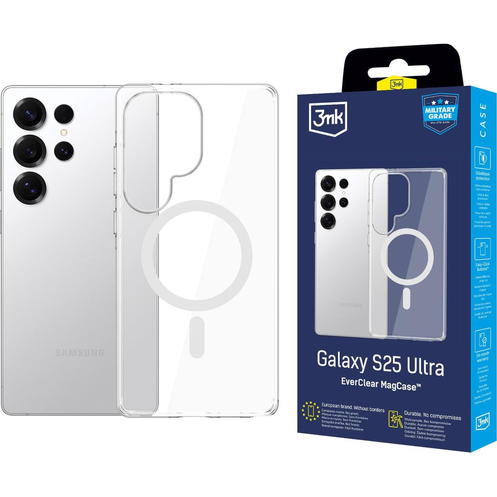 Handyhülle für Galaxy S25 Ultra, 3mk EverClear MagCase mit MagSafe, Transparent mit weißem Magneten