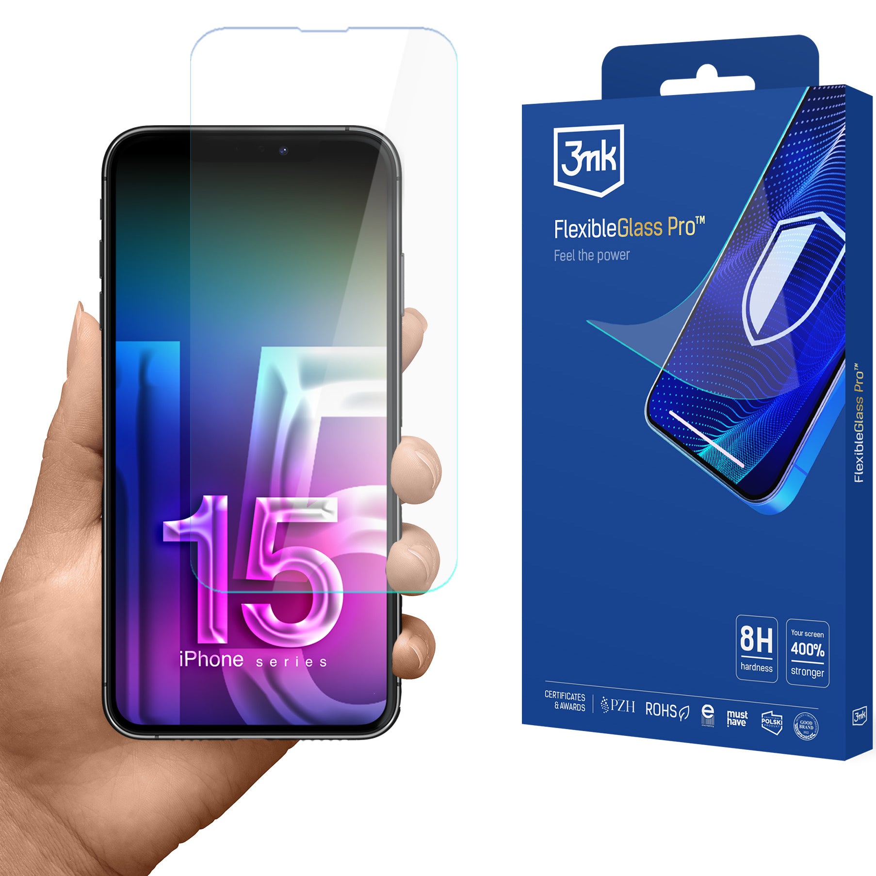 Hybridglas für iPhone 15, 3mk FlexibleGlass Pro