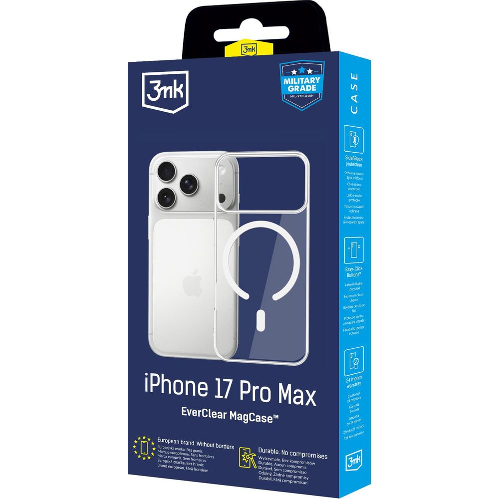 Handyhülle für iPhone 17 Pro Max, 3mk EverClear MagCase mit MagSafe, Transparent mit weißem Magneten