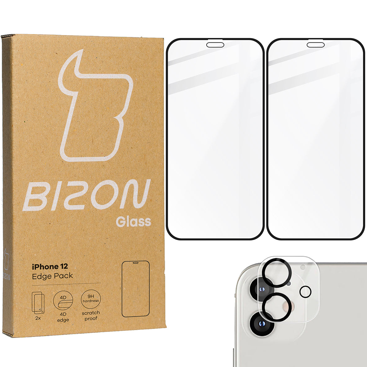 Gehärtetes Glas - 2 Stück + Kameraschutz für iPhone 12, Bizon Glass Edge Pack, Bizon Glass Edge Pack, Schwarz