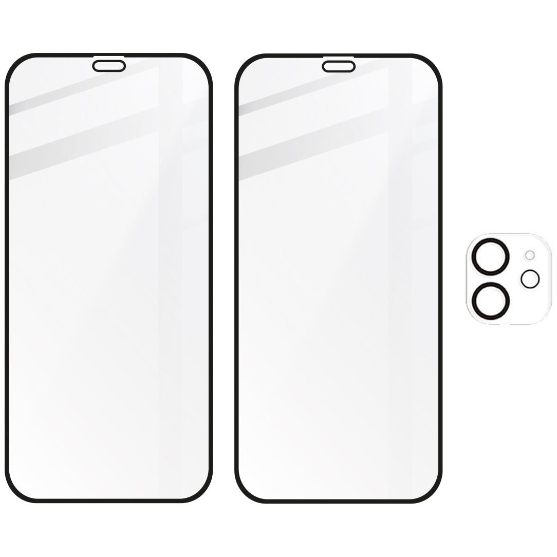 Gehärtetes Glas - 2 Stück + Kameraschutz für iPhone 12, Bizon Glass Edge Pack, Bizon Glass Edge Pack, Schwarz