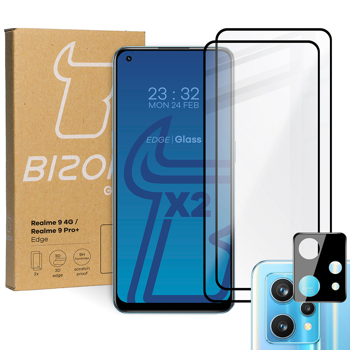 Gehärtetes Glas Bizon Glass Edge - 2 Stück + Kameraschutz für Realme 9 4G / Realme 9 Pro+, Schwarz