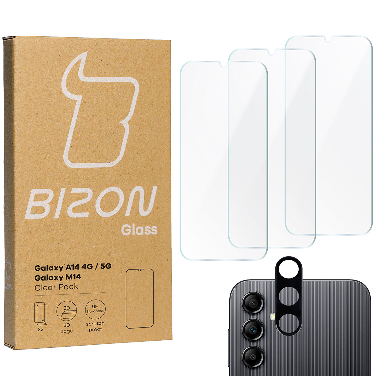 Gehärtetes Glas Bizon Glass Clear 2 - 3 Stück + Kameraschutz für Galaxy A14 4G/5G, M14