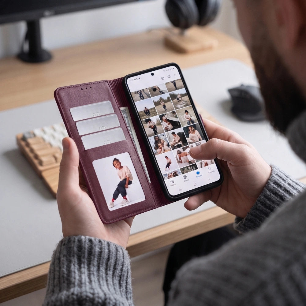 Handyhülle mit Klappe für Galaxy S26 FE, Tech-Protect Wallet, Burgunderrot (5/7)